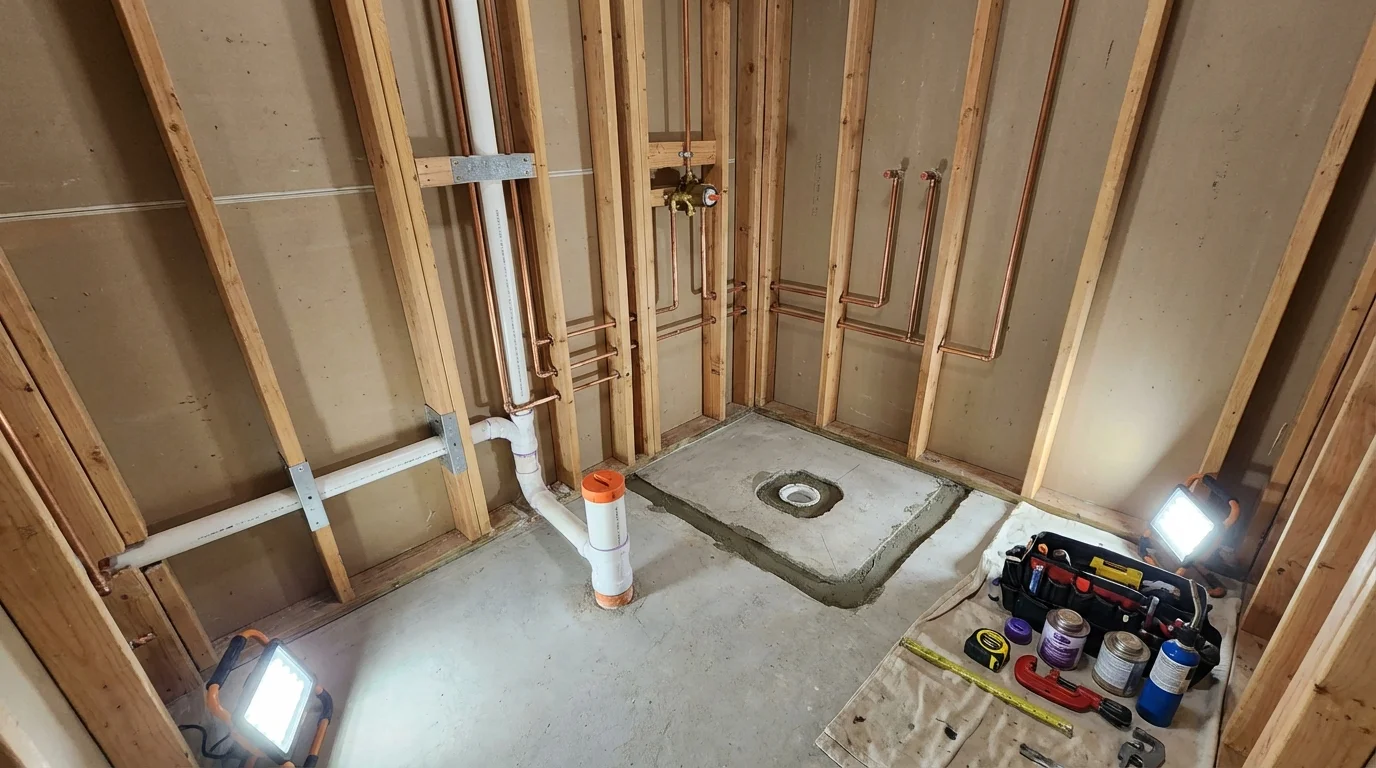 Bathroom rough-in plumbing during remodel by Johns Plumbing LLC in Hatillo