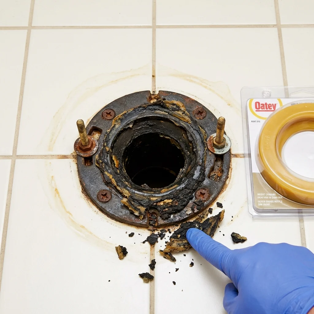 Failed wax ring showing water seepage at the base of a toilet in a Hatillo, PR home