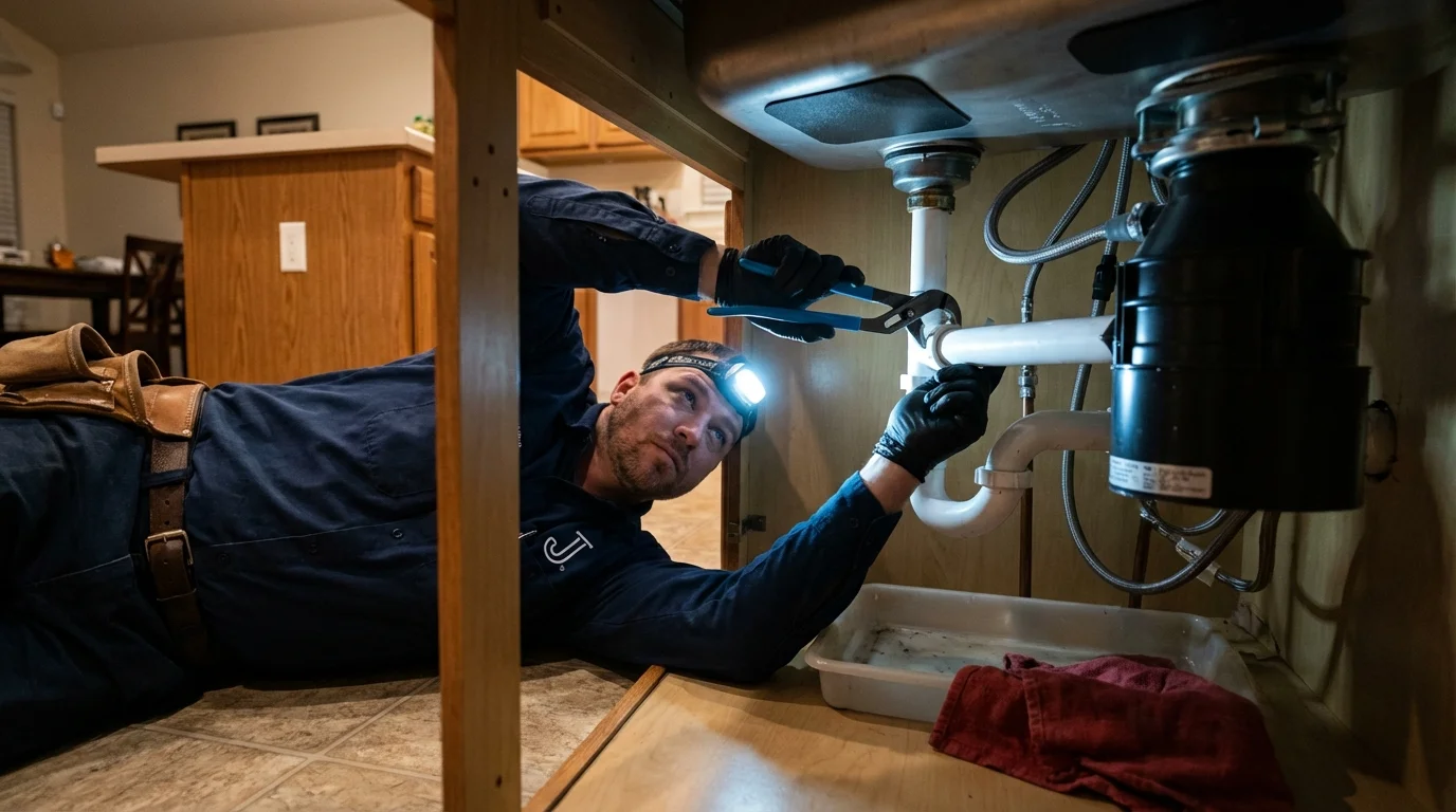 P-trap and supply line connections under a kitchen sink showing a common leak point in Hatillo, PR